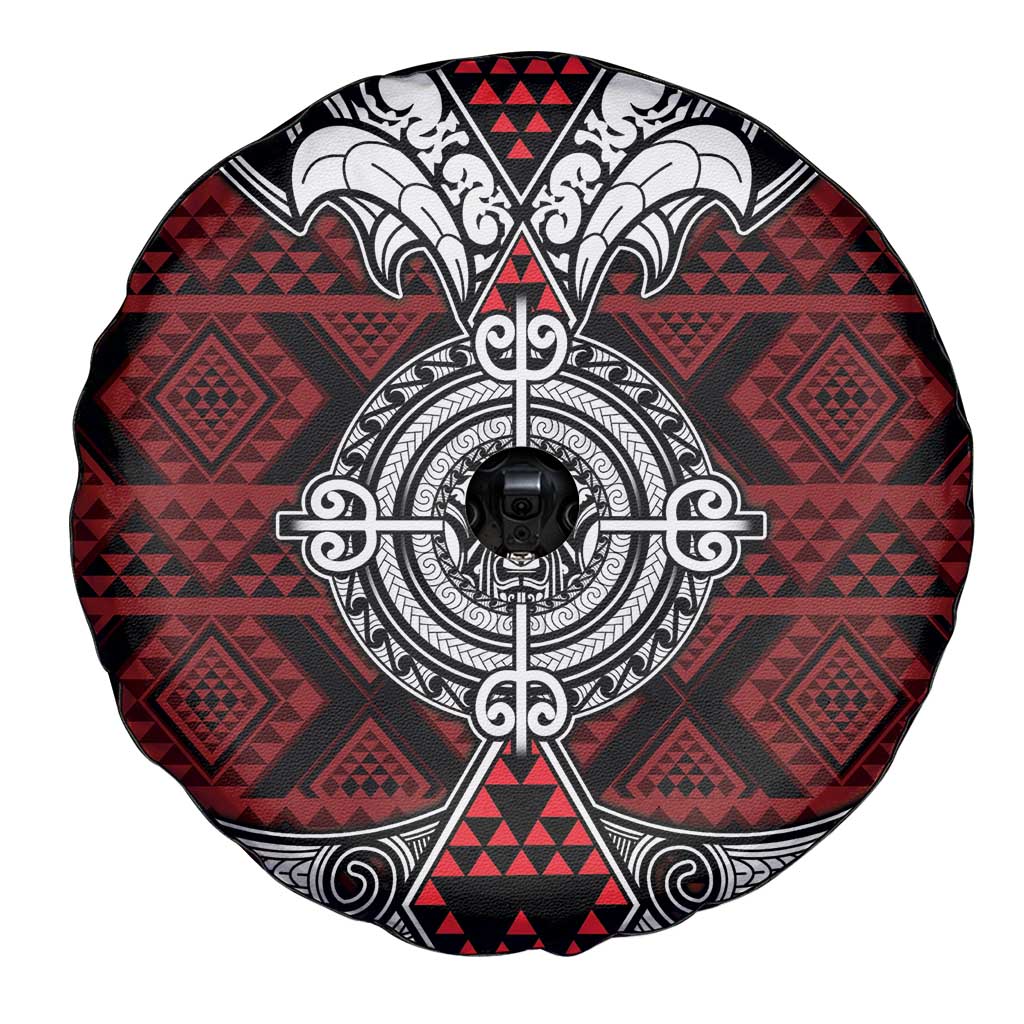 Red Aotearoa Taniko Motif Spare Tire Cover Vintage Maori New Zealand Tribal Art Pattern
