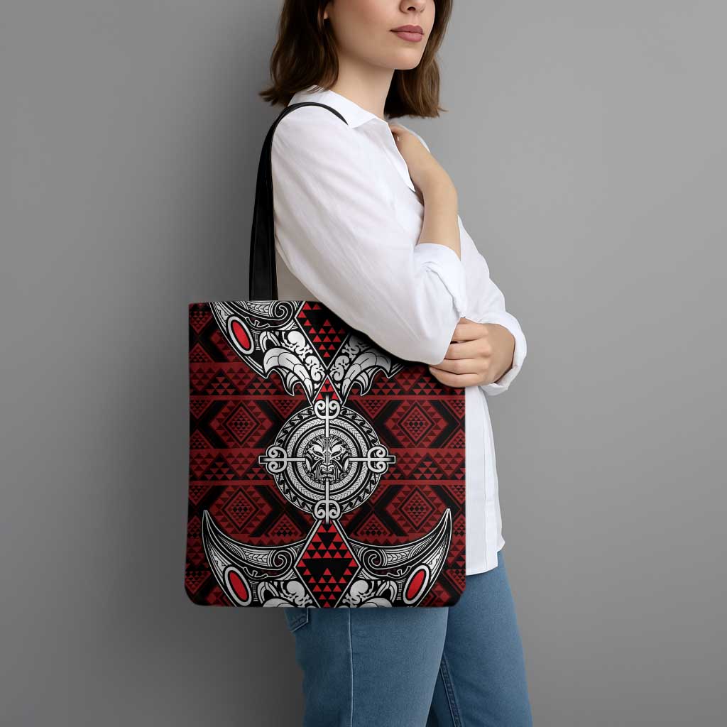 Red Aotearoa Taniko Motif Tote Bag Vintage Maori New Zealand Tribal Art Pattern - Polynesian Pride