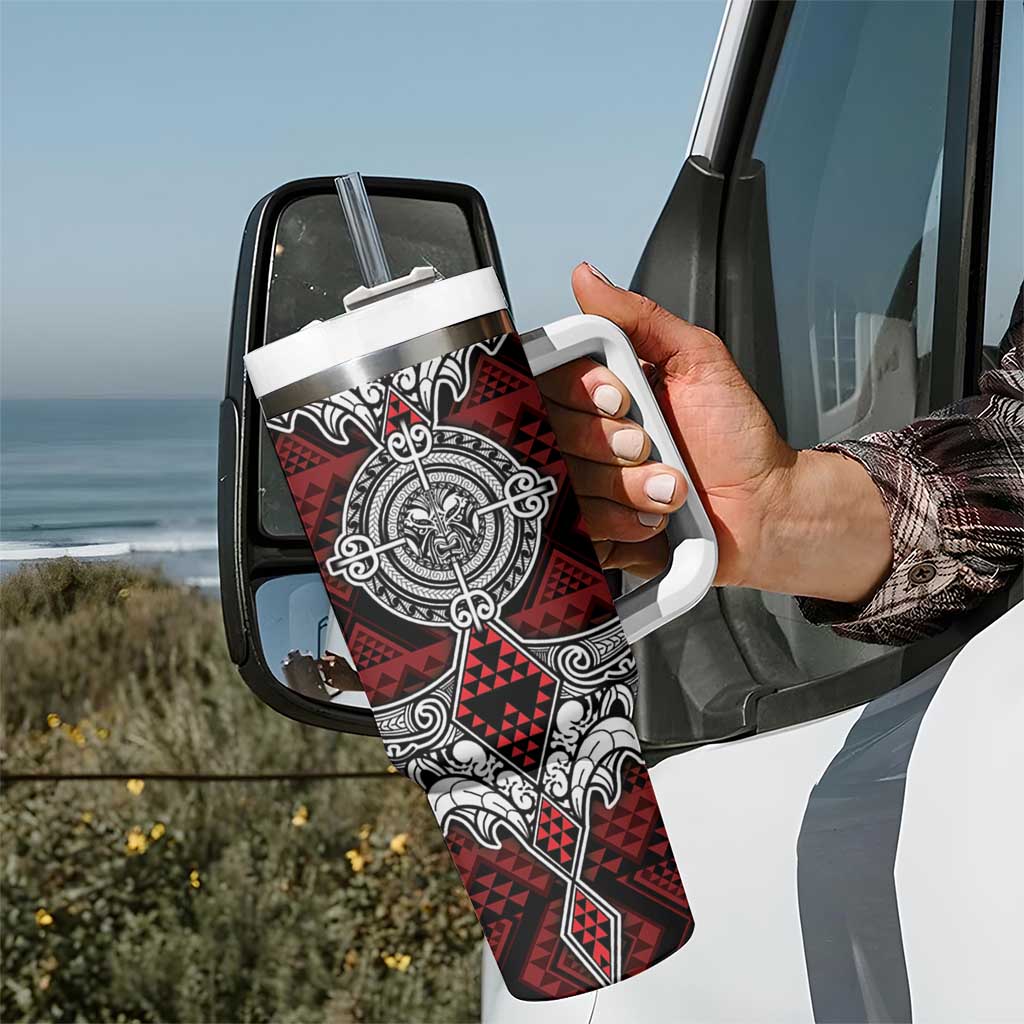 Red Aotearoa Taniko Motif Tumbler With Handle Vintage Maori New Zealand Tribal Art Pattern LT9 - Polynesian Pride