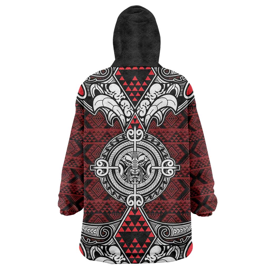 Red Aotearoa Tanilo Motif Wearable Blanket Hoodie Vintage Maori New Zealand Tribal Art Pattern
