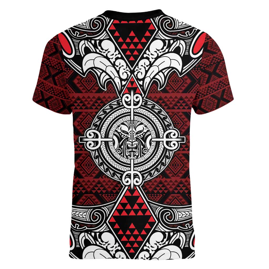 Red Aotearoa Tanilo Motif Women V-Neck T-Shirt Vintage Maori New Zealand Tribal Art Pattern LT9 - Polynesian Pride