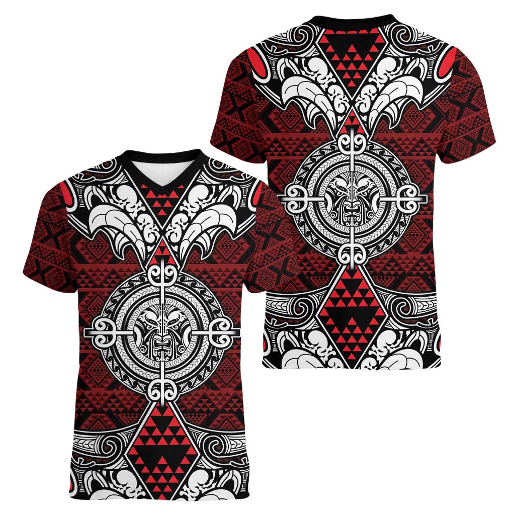 Red Aotearoa Tanilo Motif Women V-Neck T-Shirt Vintage Maori New Zealand Tribal Art Pattern LT9 - Polynesian Pride
