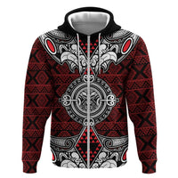 Red Aotearoa Tanilo Motif Zip Hoodie Vintage Maori New Zealand Tribal Art Pattern