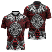 Red Aotearoa Taniko Motif Zipper Polo Shirt Vintage Maori New Zealand Tribal Art Pattern - Polynesian Pride