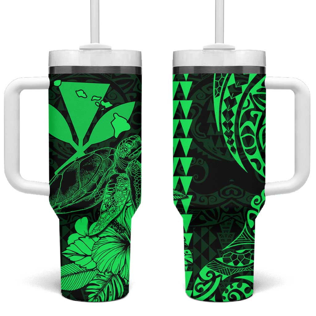 Kakau Polynesian Tribal Hawaiian Turtle Tumbler With Handle with Kanaka Maoli Green