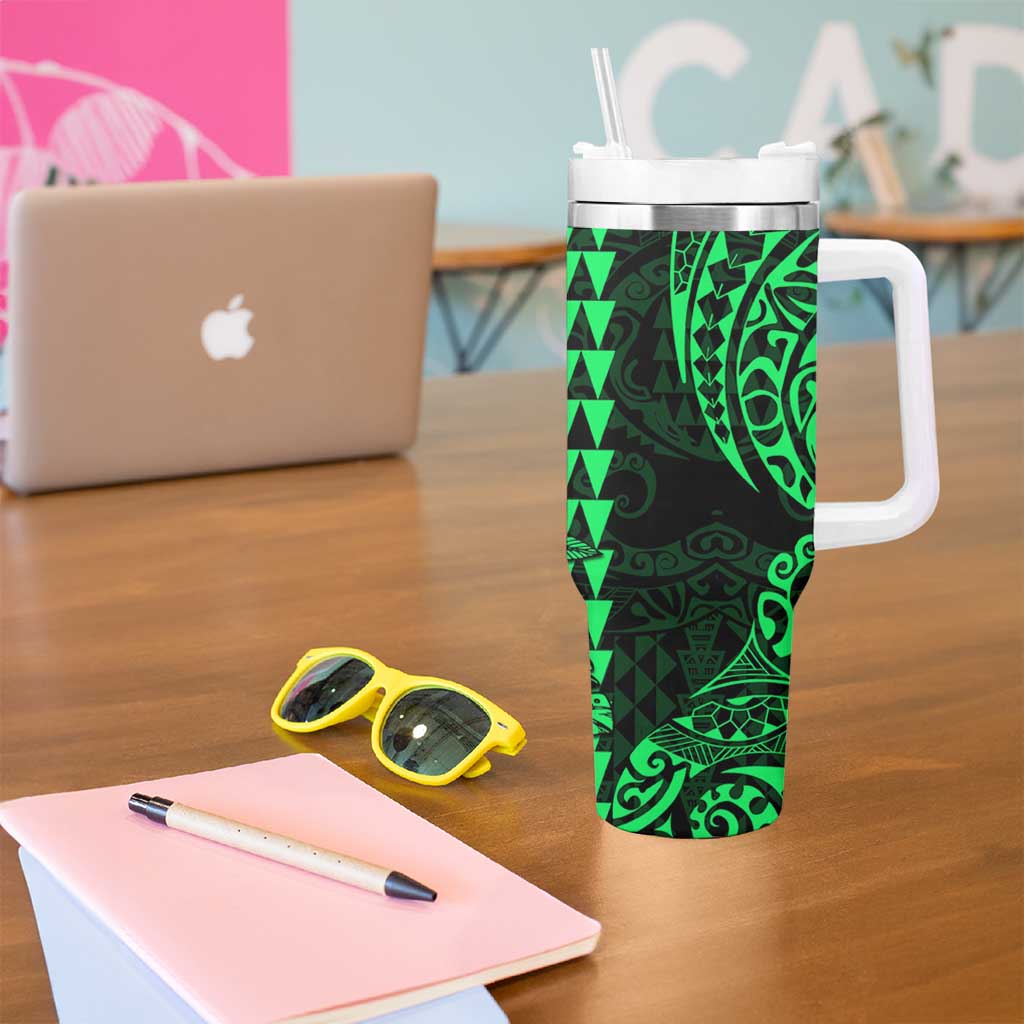 Kakau Polynesian Tribal Hawaiian Turtle Tumbler With Handle with Kanaka Maoli Green