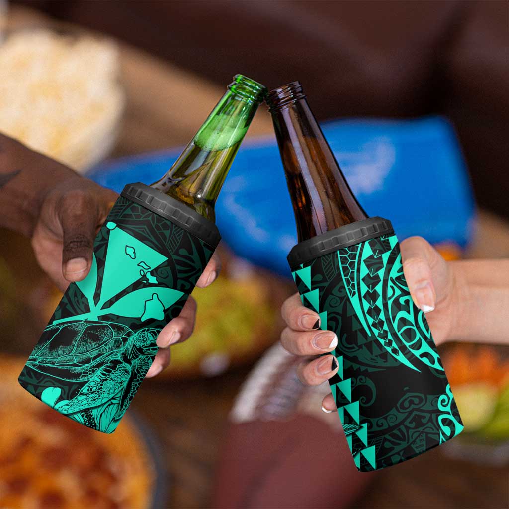 Kakau Polynesian Tribal Hawaiian Turtle 4 in 1 Can Cooler Tumbler with Kanaka Maoli Turquoise