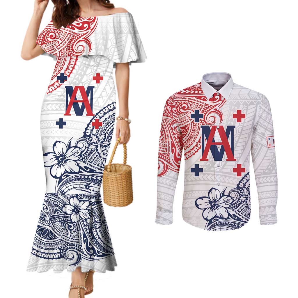 Kingdom of Uvea 1842-1860 Personalized Couples Matching Mermaid Dress and Long Sleeve Button Shirt Wallis and Futuna Polynesian Tribal Pattern LT9 White - Polynesian Pride
