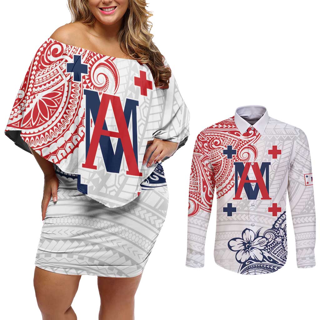 Kingdom of Uvea 1842-1860 Personalized Couples Matching Off Shoulder Short Dress and Long Sleeve Button Shirt Wallis and Futuna Polynesian Tribal Pattern LT9 White - Polynesian Pride