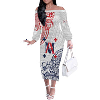 Kingdom of Uvea 1842-1860 Personalized Off The Shoulder Long Sleeve Dress Wallis and Futuna Polynesian Tribal Pattern LT9 Women White - Polynesian Pride