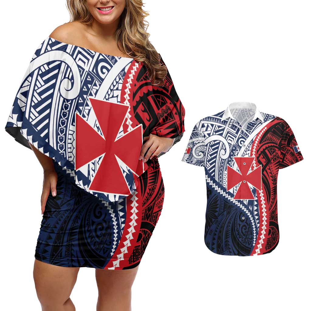 Kingdom of Uvea 1860-1886 Personalized Couples Matching Off Shoulder Short Dress and Hawaiian Shirt Wallis and Futuna Polynesian Tribal Pattern