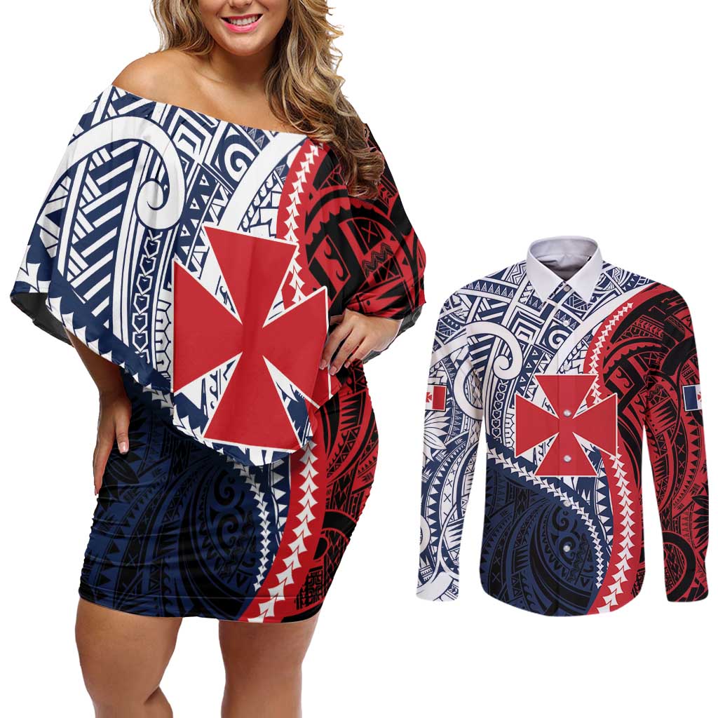 Kingdom of Uvea 1860-1886 Personalized Couples Matching Off Shoulder Short Dress and Long Sleeve Button Shirt Wallis and Futuna Polynesian Tribal Pattern LT9 Red - Polynesian Pride