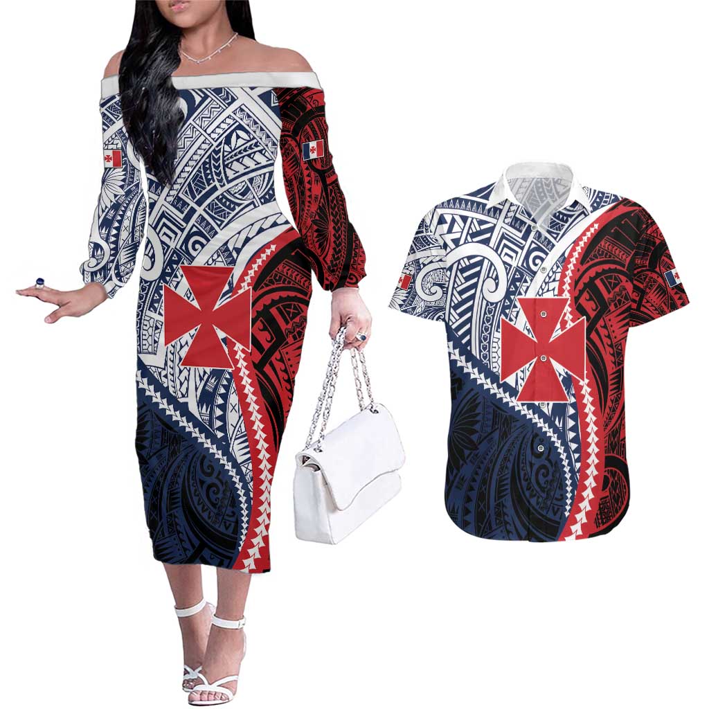 Kingdom of Uvea 1860-1886 Personalized Couples Matching Off The Shoulder Long Sleeve Dress and Hawaiian Shirt Wallis and Futuna Polynesian Tribal Pattern