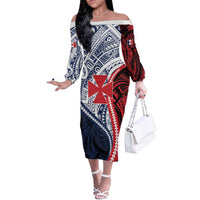 Kingdom of Uvea 1860-1886 Personalized Off The Shoulder Long Sleeve Dress Wallis and Futuna Polynesian Tribal Pattern LT9 Women Red - Polynesian Pride