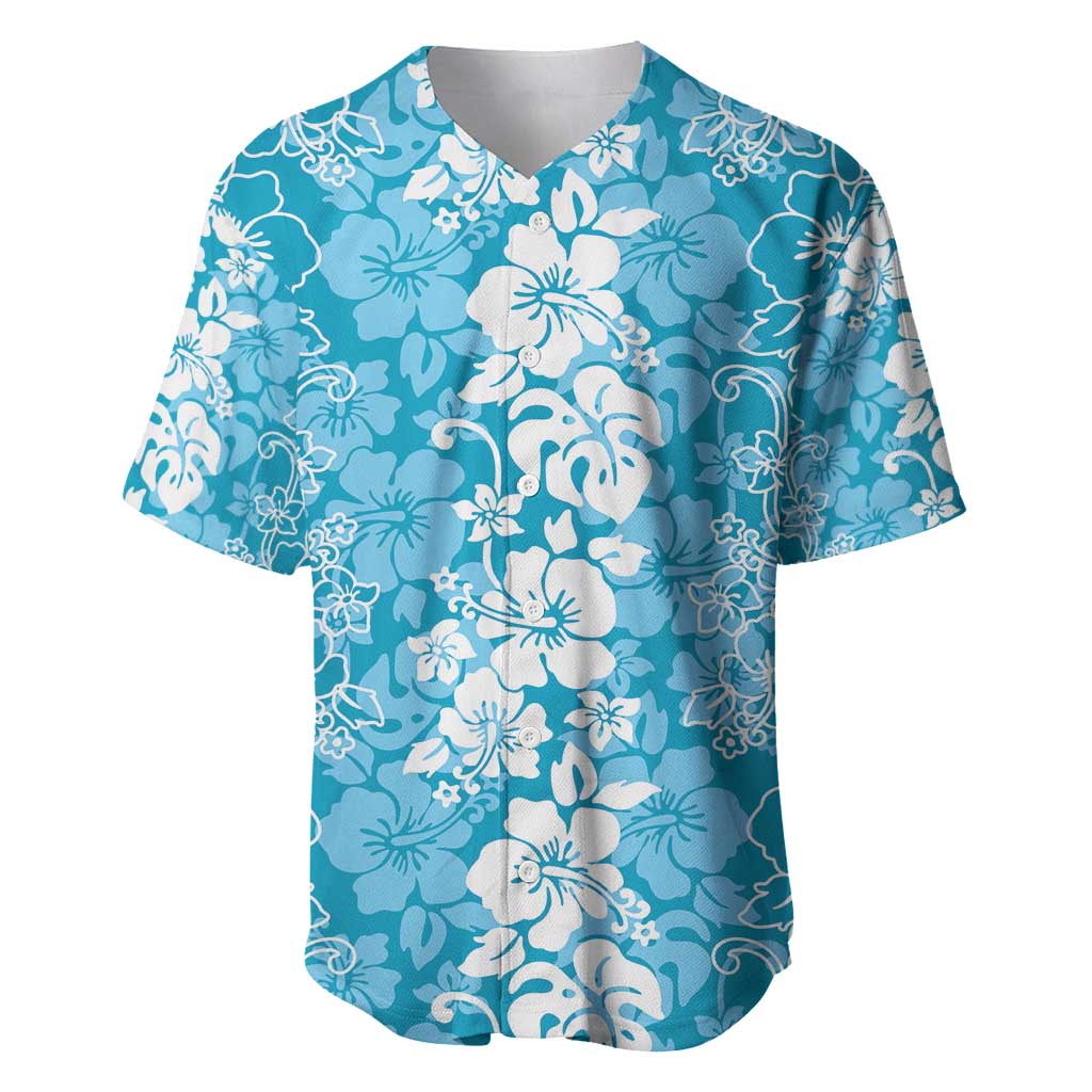 Hawaiian Lei Day Baseball Jersey Blue Hibiscus Flowers Lei Art LT9 Blue - Polynesian Pride