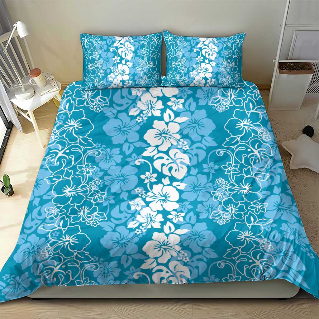 Hawaiian Lei Day Bedding Set Blue Hibiscus Flowers Lei Art