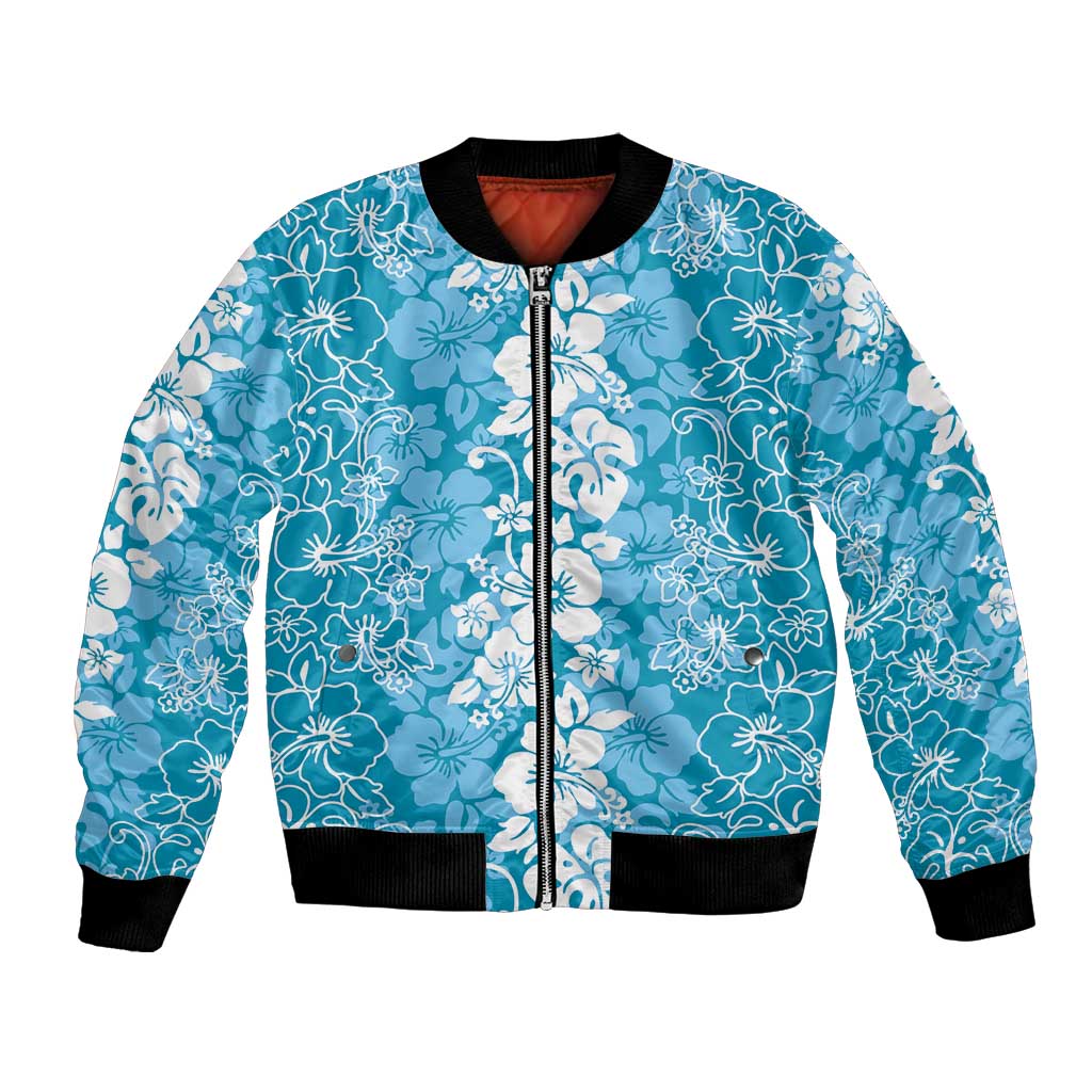 Hawaiian Lei Day Bomber Jacket Blue Hibiscus Flowers Lei Art LT9 Unisex Blue - Polynesian Pride