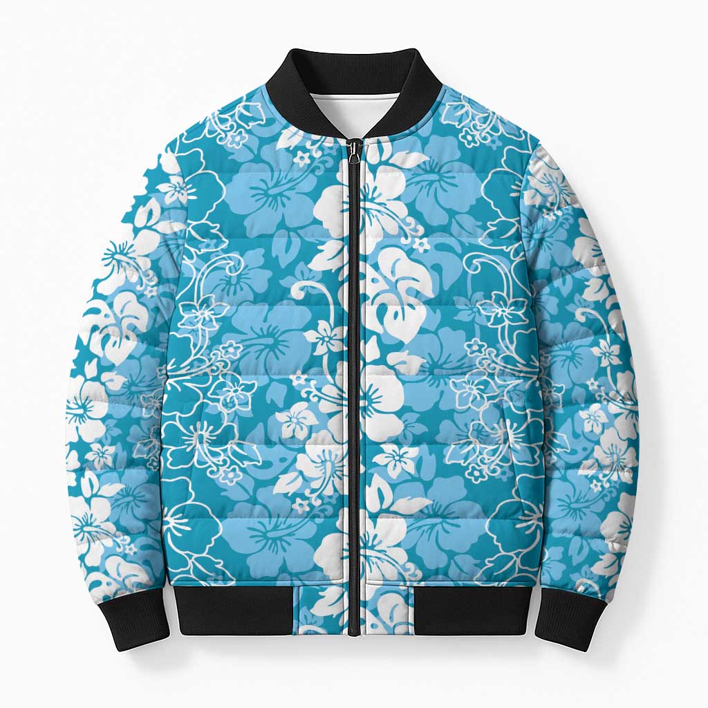Hawaiian Lei Day Bomber Puffer Jacket Blue Hibiscus Flowers Lei Art LT9 Unisex Blue - Polynesian Pride