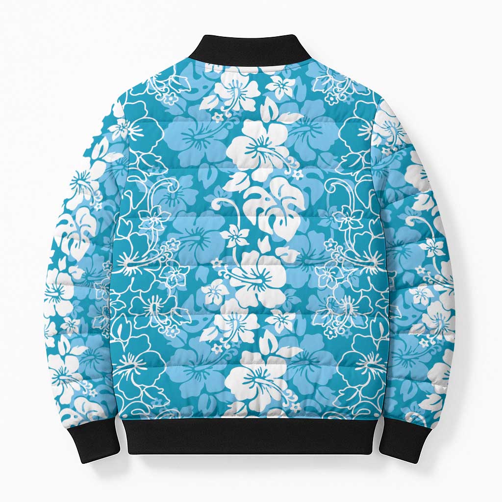Hawaiian Lei Day Bomber Puffer Jacket Blue Hibiscus Flowers Lei Art LT9 - Polynesian Pride