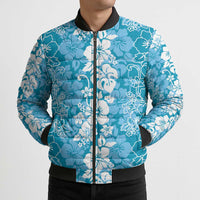 Hawaiian Lei Day Bomber Puffer Jacket Blue Hibiscus Flowers Lei Art LT9 - Polynesian Pride