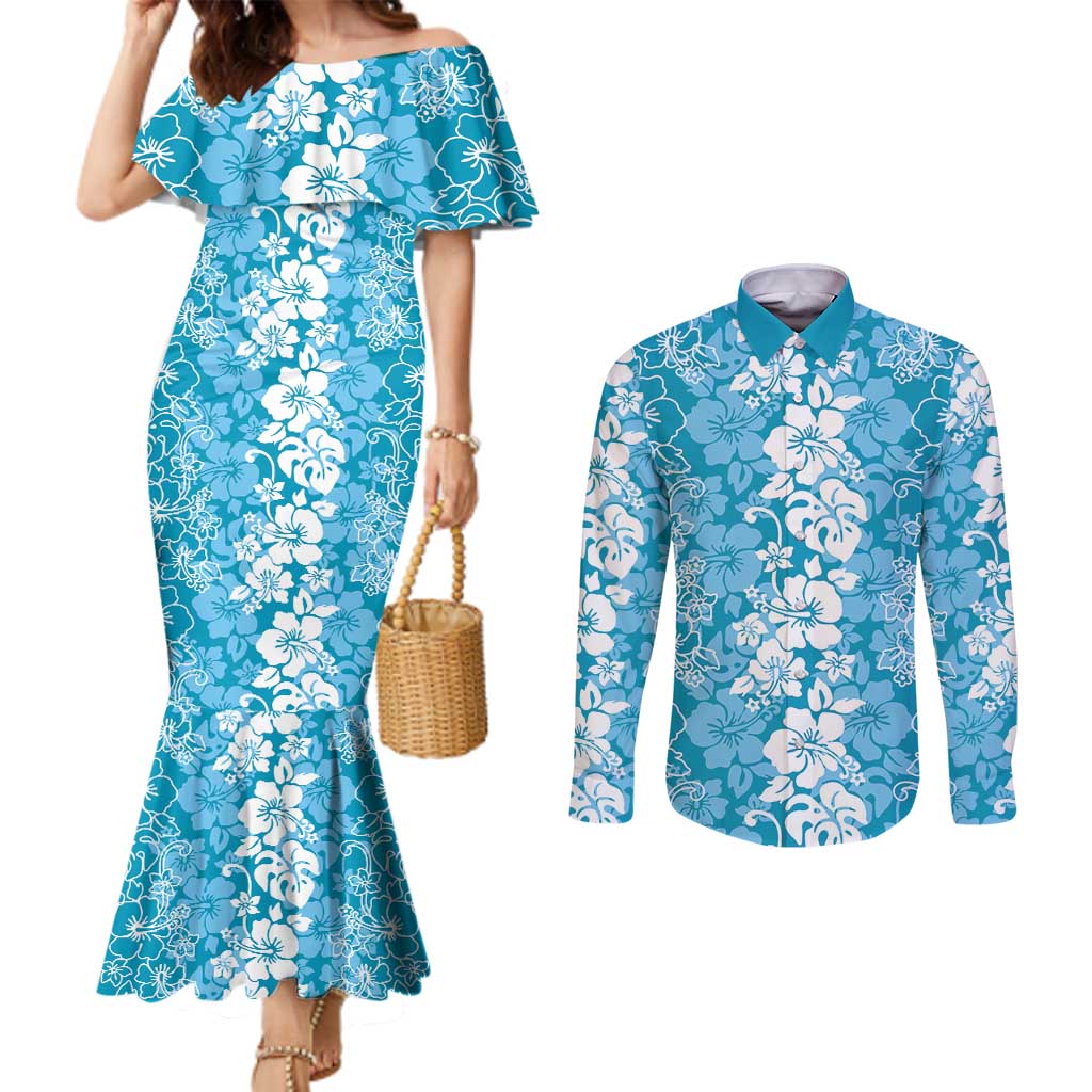Hawaiian Lei Day Couples Matching Mermaid Dress and Long Sleeve Button Shirt Blue Hibiscus Flowers Lei Art LT9 Blue - Polynesian Pride