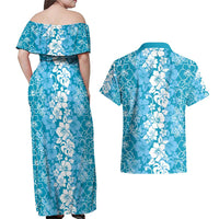 Hawaiian Lei Day Couples Matching Off Shoulder Maxi Dress and Hawaiian Shirt Blue Hibiscus Flowers Lei Art LT9 - Polynesian Pride