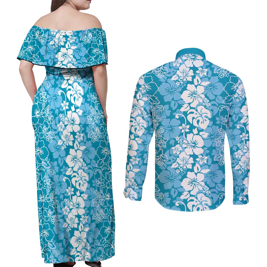 Hawaiian Lei Day Couples Matching Off Shoulder Maxi Dress and Long Sleeve Button Shirt Blue Hibiscus Flowers Lei Art LT9 - Polynesian Pride