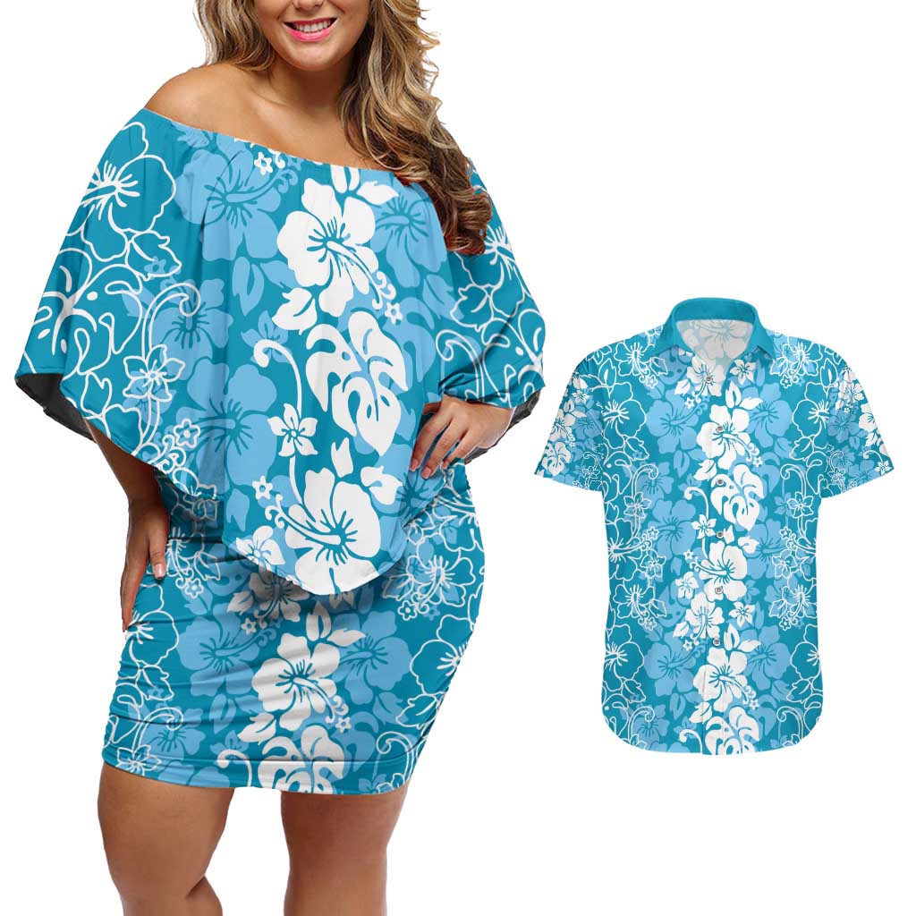 Hawaiian Lei Day Couples Matching Off Shoulder Short Dress and Hawaiian Shirt Blue Hibiscus Flowers Lei Art LT9 Blue - Polynesian Pride