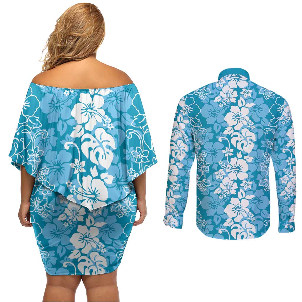 Hawaiian Lei Day Couples Matching Off Shoulder Short Dress and Long Sleeve Button Shirt Blue Hibiscus Flowers Lei Art LT9 - Polynesian Pride