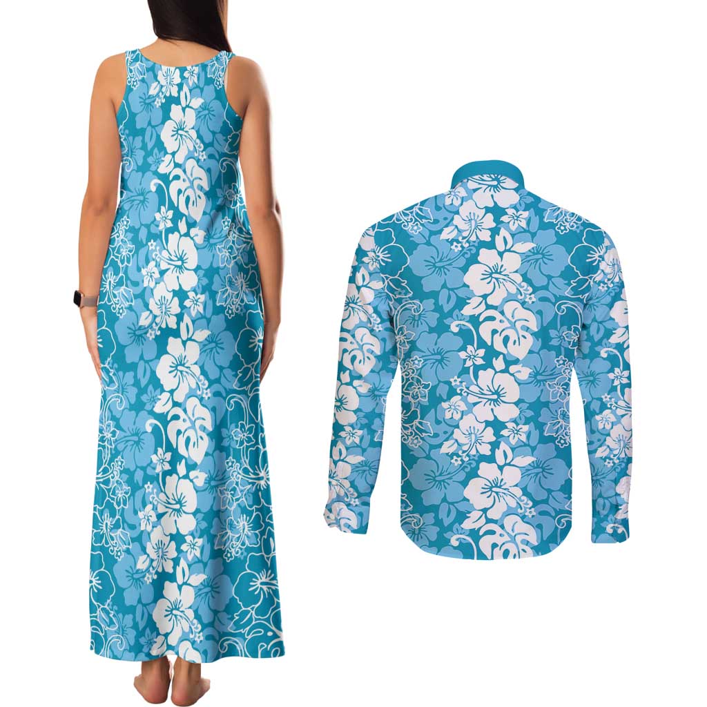 Hawaiian Lei Day Couples Matching Tank Maxi Dress and Long Sleeve Button Shirt Blue Hibiscus Flowers Lei Art LT9 - Polynesian Pride