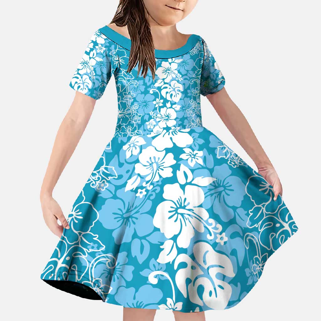 Hawaiian Lei Day Family Matching Mermaid Dress and Hawaiian Shirt Blue Hibiscus Flowers Lei Art LT9 Daughter's Dress Blue - Polynesian Pride