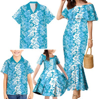 Hawaiian Lei Day Family Matching Mermaid Dress and Hawaiian Shirt Blue Hibiscus Flowers Lei Art LT9 - Polynesian Pride