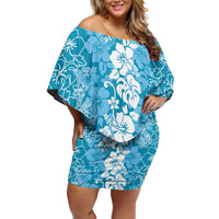 Hawaiian Lei Day Family Matching Off Shoulder Short Dress and Hawaiian Shirt Blue Hibiscus Flowers Lei Art