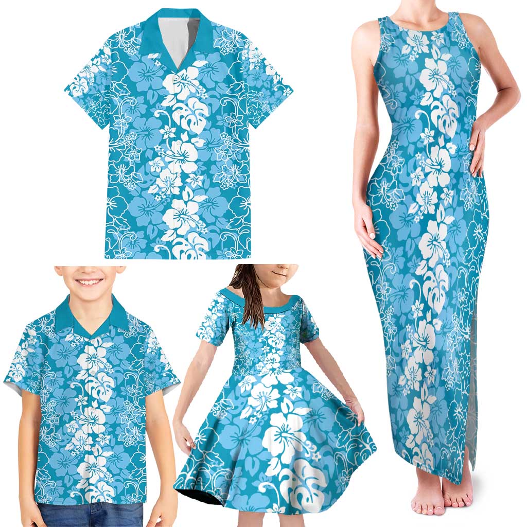 Hawaiian Lei Day Family Matching Tank Maxi Dress and Hawaiian Shirt Blue Hibiscus Flowers Lei Art LT9 - Polynesian Pride