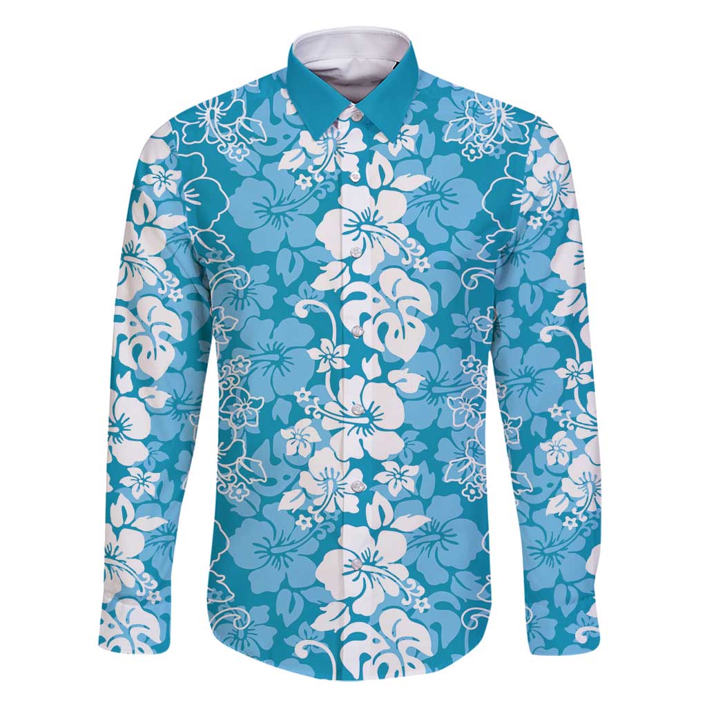 Hawaiian Lei Day Family Matching Tank Maxi Dress and Hawaiian Shirt Blue Hibiscus Flowers Lei Art LT9 Dad's Shirt - Long Sleeve Blue - Polynesian Pride