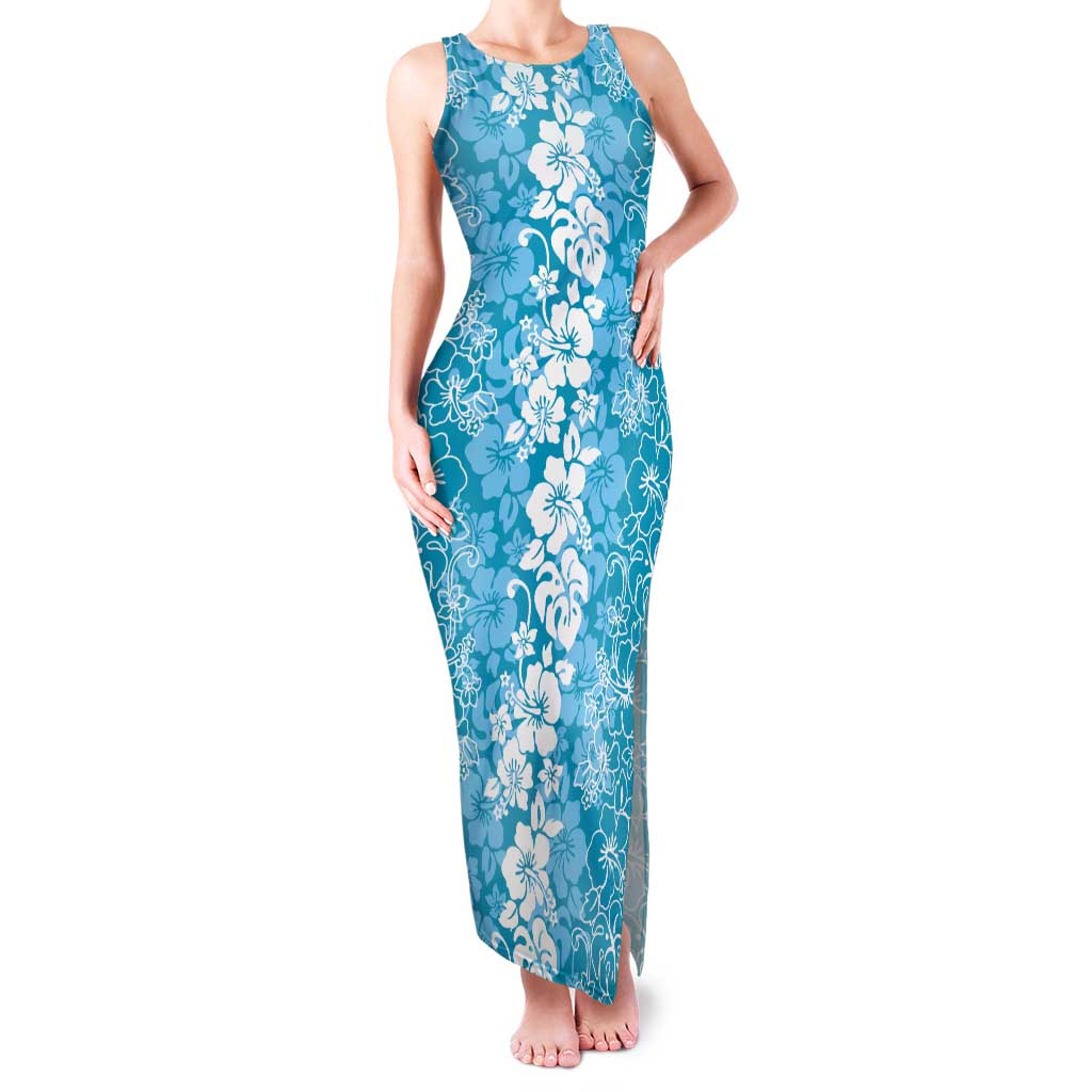 Hawaiian Lei Day Family Matching Tank Maxi Dress and Hawaiian Shirt Blue Hibiscus Flowers Lei Art LT9 Mom's Dress Blue - Polynesian Pride