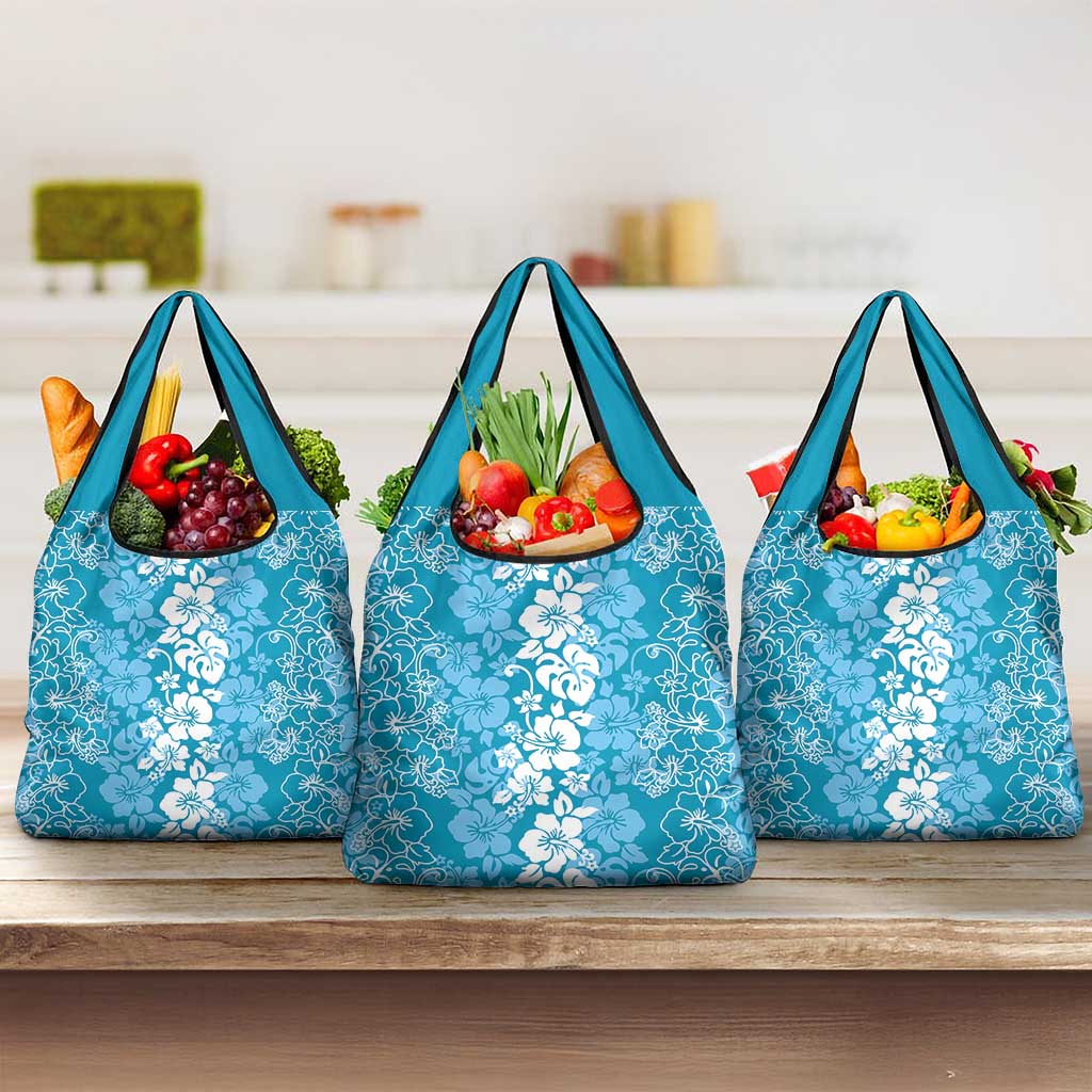 Hawaiian Lei Day Grocery Bag Blue Hibiscus Flowers Lei Art