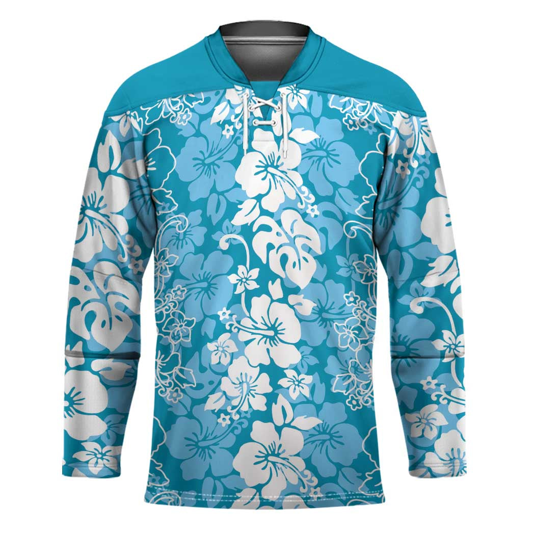 Hawaiian Lei Day Hockey Jersey Blue Hibiscus Flowers Lei Art LT9 Unisex Blue - Polynesian Pride
