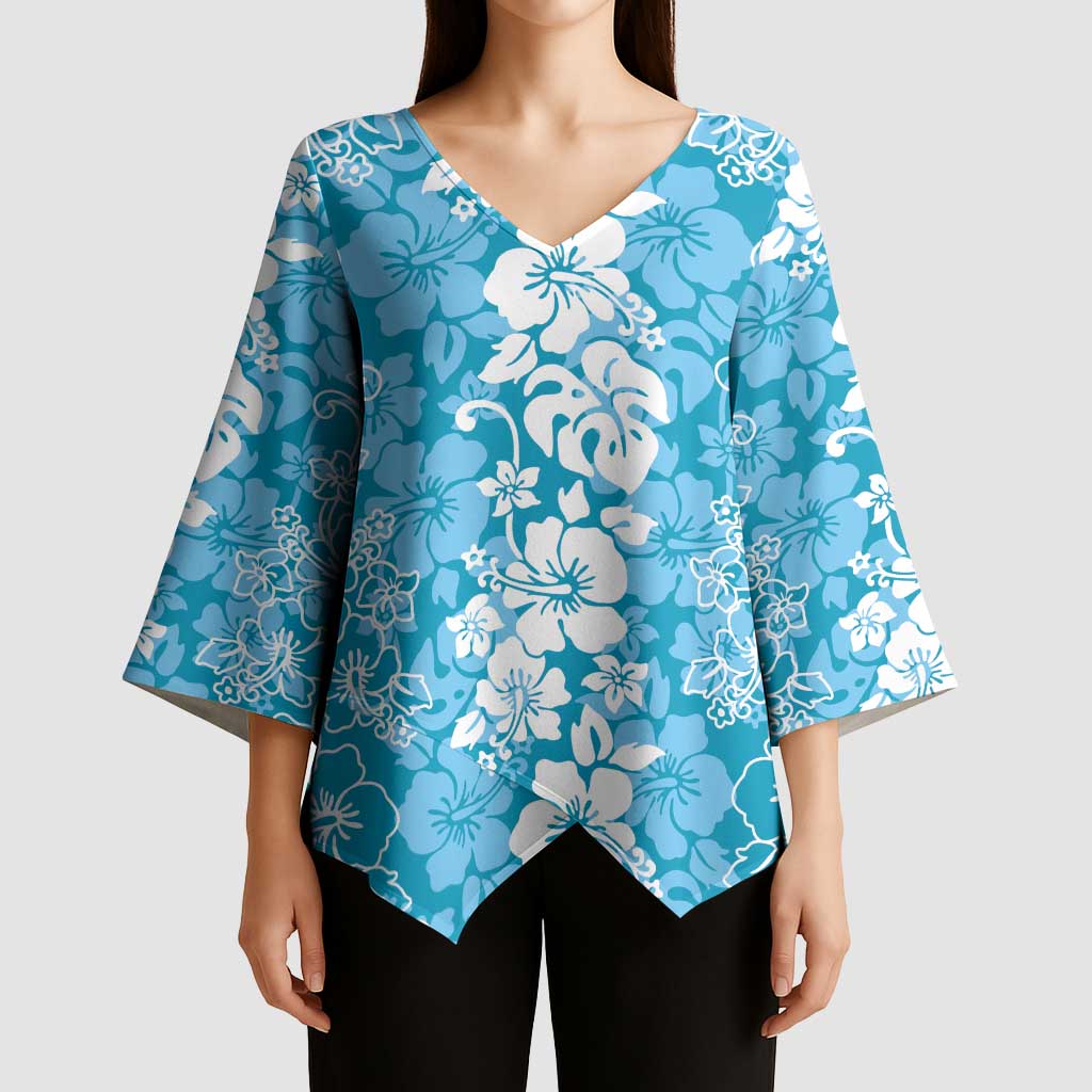 Hawaiian Lei Day Kimono Sleeve Blouse Blue Hibiscus Flowers Lei Art - Polynesian Pride