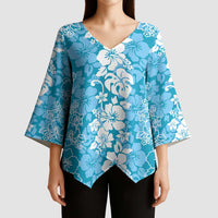 Hawaiian Lei Day Kimono Sleeve Blouse Blue Hibiscus Flowers Lei Art - Polynesian Pride