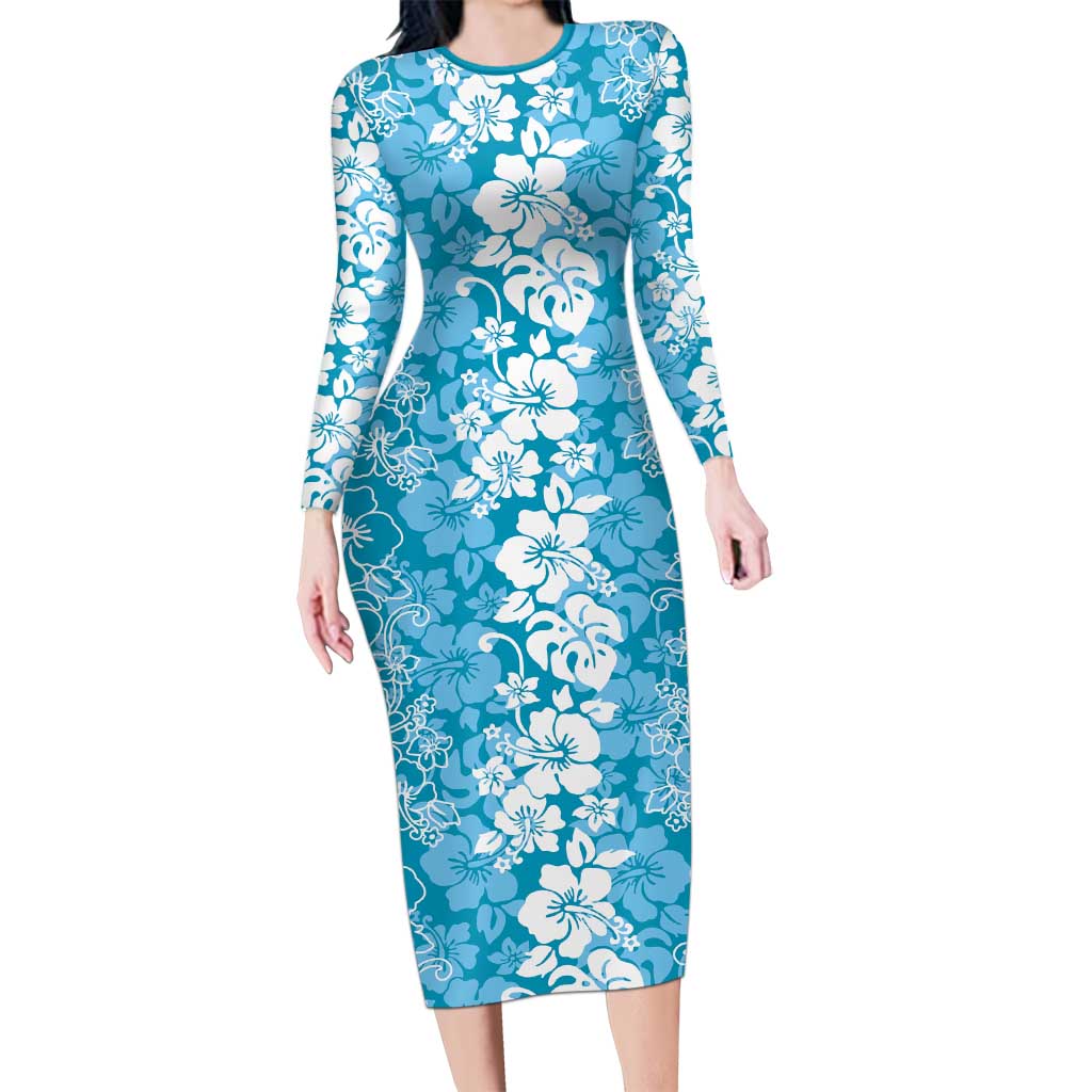Hawaiian Lei Day Long Sleeve Bodycon Dress Blue Hibiscus Flowers Lei Art LT9 Long Dress Blue - Polynesian Pride