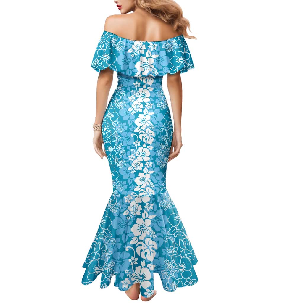 Hawaiian Lei Day Mermaid Dress Blue Hibiscus Flowers Lei Art