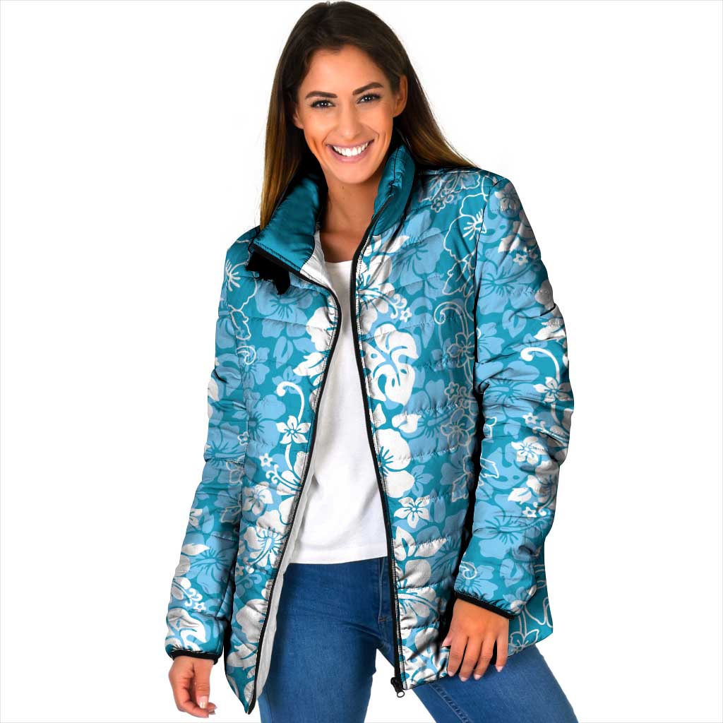 Hawaiian Lei Day Padded Jacket Blue Hibiscus Flowers Lei Art - Polynesian Pride