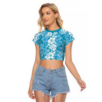 Hawaiian Lei Day Raglan Cropped T Shirt Blue Hibiscus Flowers Lei Art