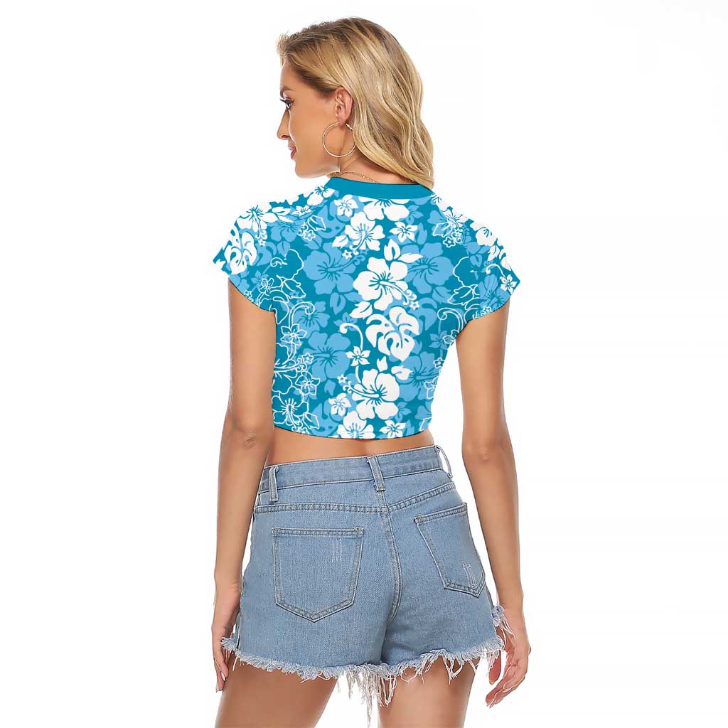 Hawaiian Lei Day Raglan Cropped T Shirt Blue Hibiscus Flowers Lei Art