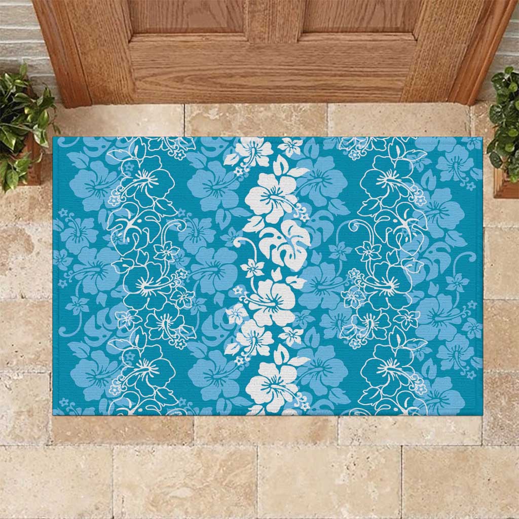 Hawaiian Lei Day Rubber Doormat Blue Hibiscus Flowers Lei Art LT9 Blue - Polynesian Pride