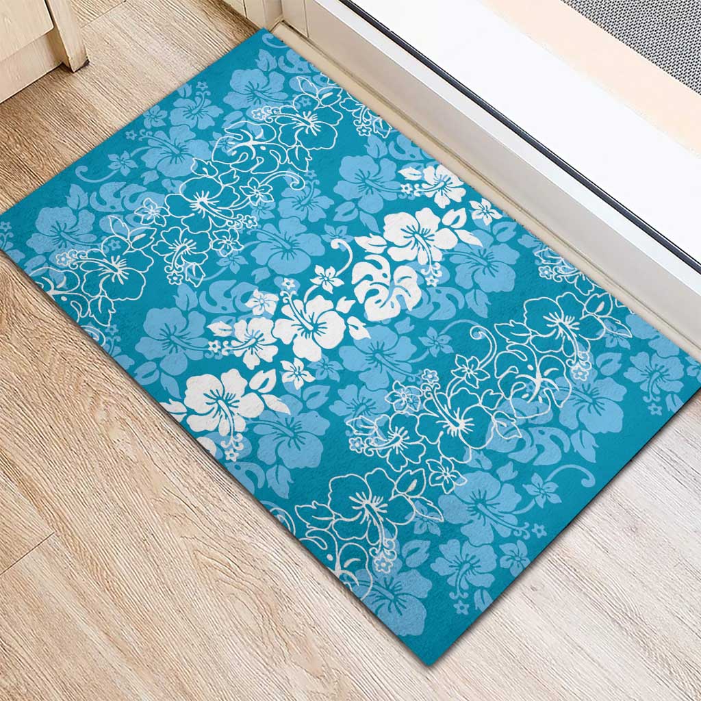 Hawaiian Lei Day Rubber Doormat Blue Hibiscus Flowers Lei Art LT9 - Polynesian Pride