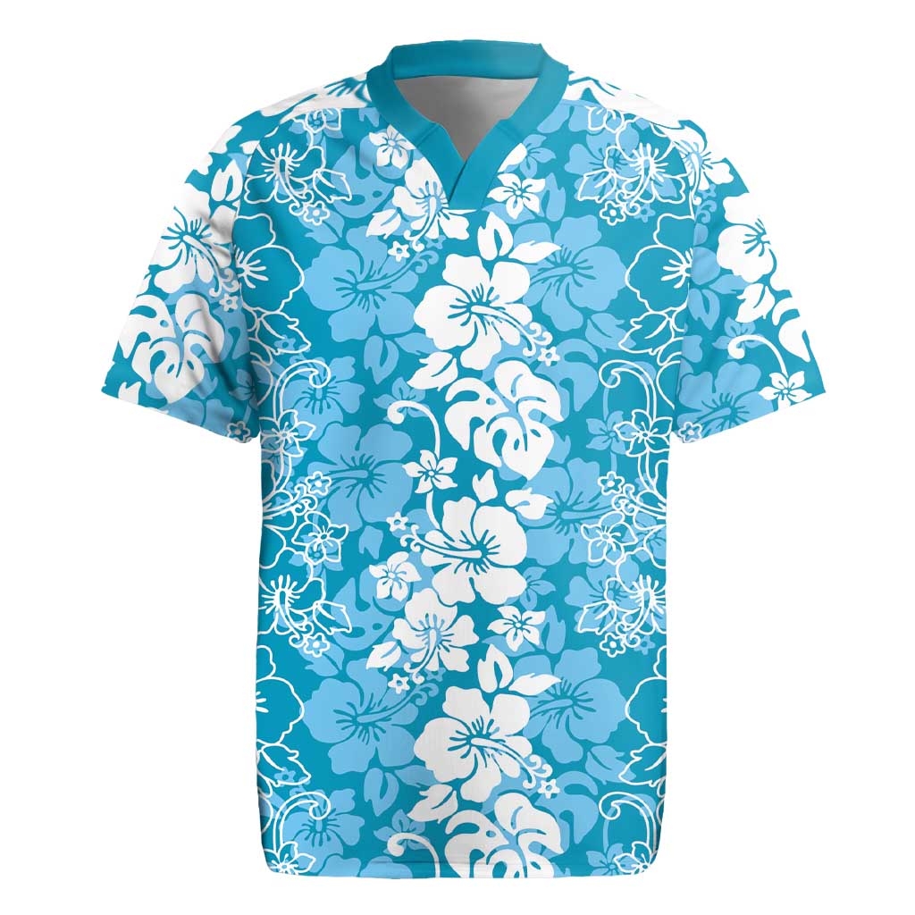 Hawaiian Lei Day Rugby Jersey Blue Hibiscus Flowers Lei Art LT9 Blue - Polynesian Pride
