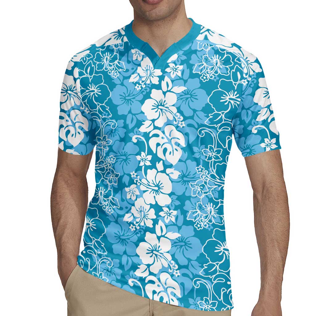 Hawaiian Lei Day Rugby Jersey Blue Hibiscus Flowers Lei Art LT9 - Polynesian Pride