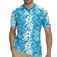 Hawaiian Lei Day Rugby Jersey Blue Hibiscus Flowers Lei Art LT9 - Polynesian Pride